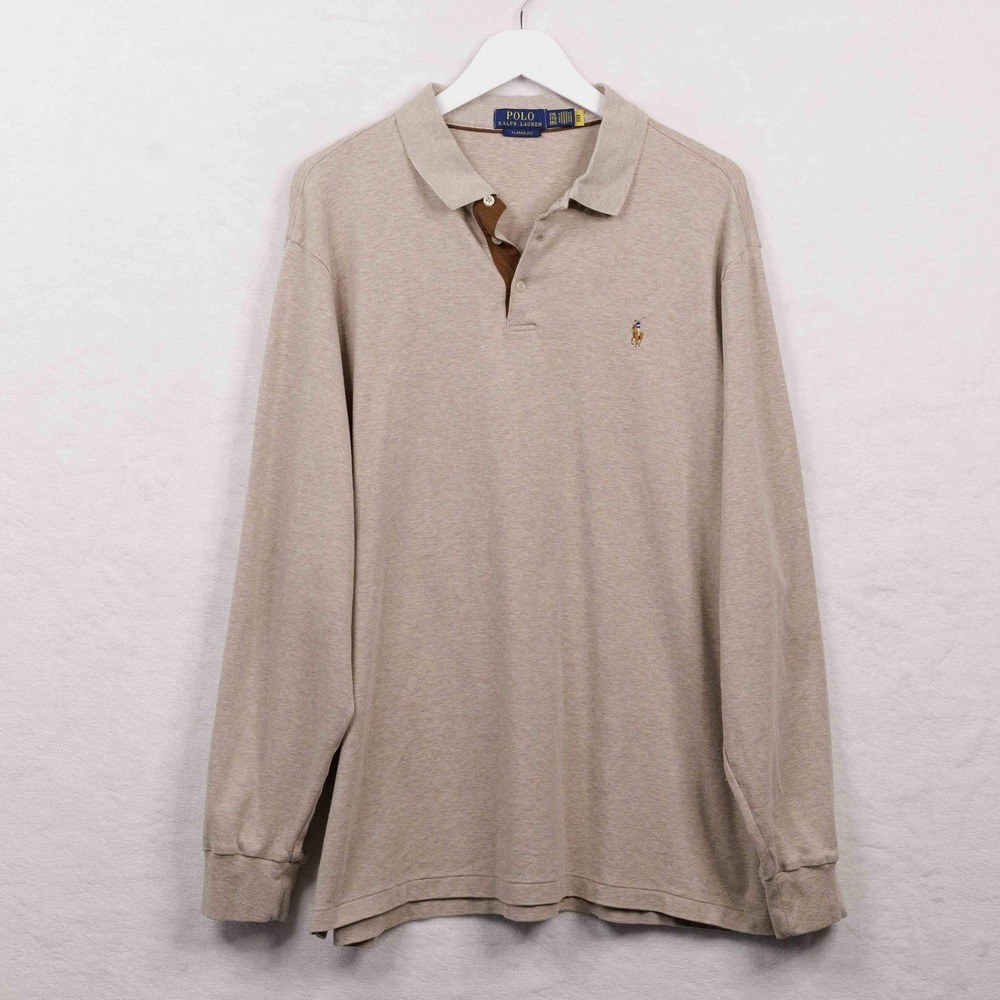 POLO RALPH LAUREN Classic Fit Long‎ Sleeve Polo Shirt Tan Flesh Pony Mens XXL